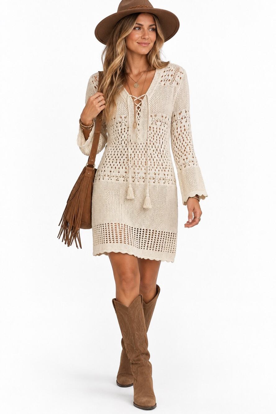 AQUA Crochet Sweater Dress XL Cream Lace Up Boho Open Knit 100% Cotton Beach